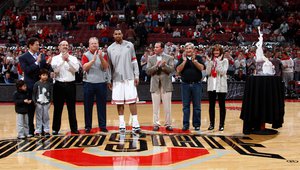Bill third from left stands on the court at Ohio State University with 2011 Wayman Tisdale Freshman of the Year Jared Sullinger 