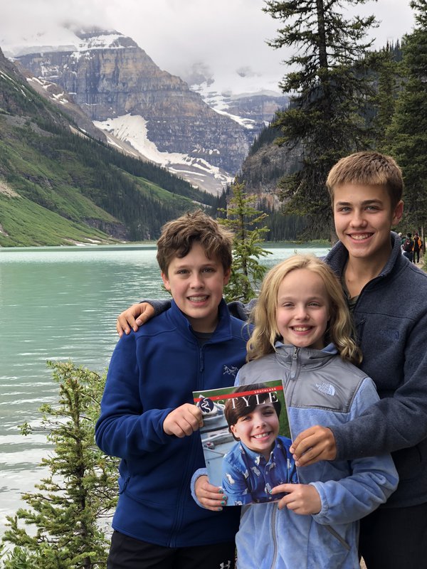 Hayden, Katie, and Ryan Hurrell hiking along Lake Louise with Victoria glacier in the background, Lake Louise, Alberta, Canada.jpg