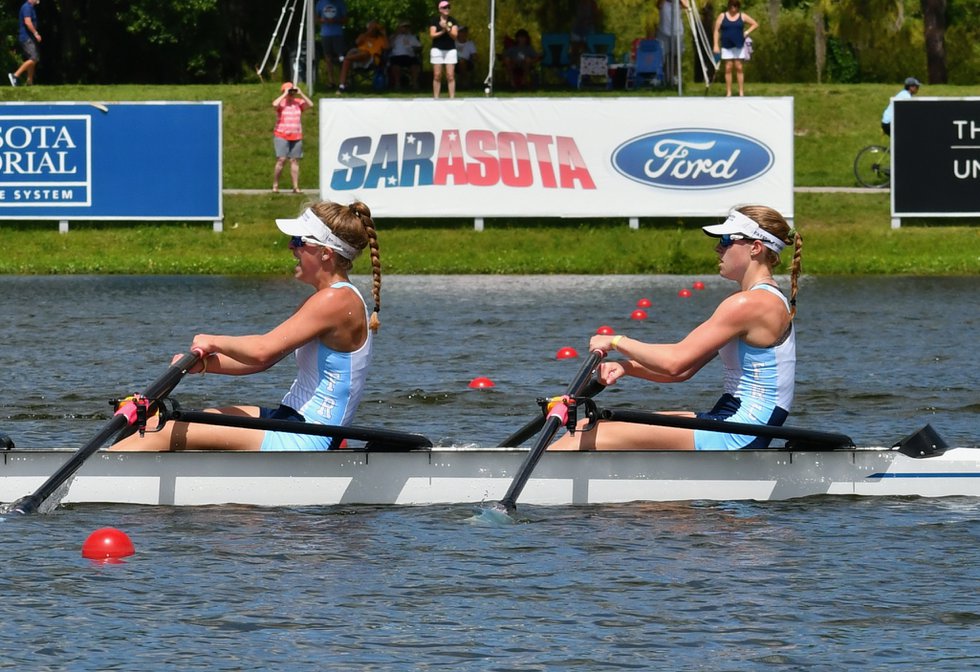Camille Eggers (left) & Maile Nelson (right) racing in the U19  Quad, which is a 4 person boat where each rower has 2 oars..jpeg